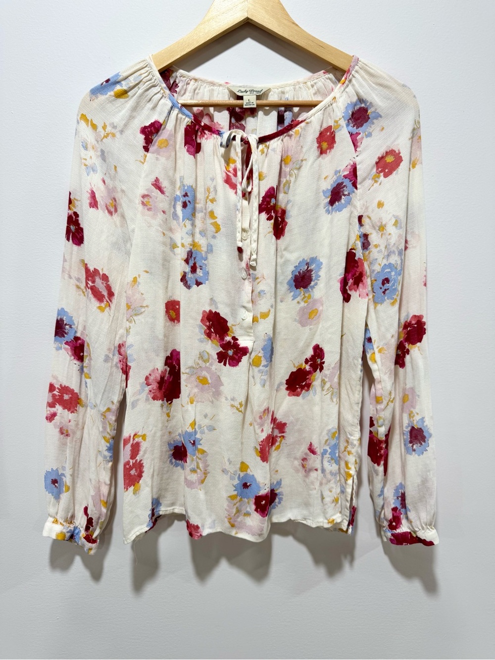 Lucky Brand Cream Floral Tie-Neck Peasant Blouse with Red & Blue Blooms